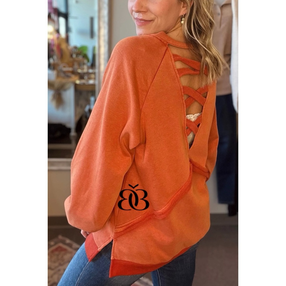 POL Rusted Orange Criss Cross Back Slouchy French Terry Pullover - Picture 1 of 12